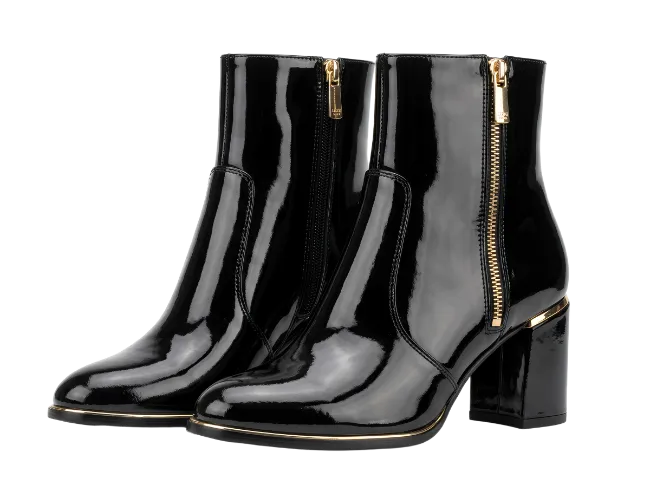Black Patent Leather Ankle Boots with Gold Details