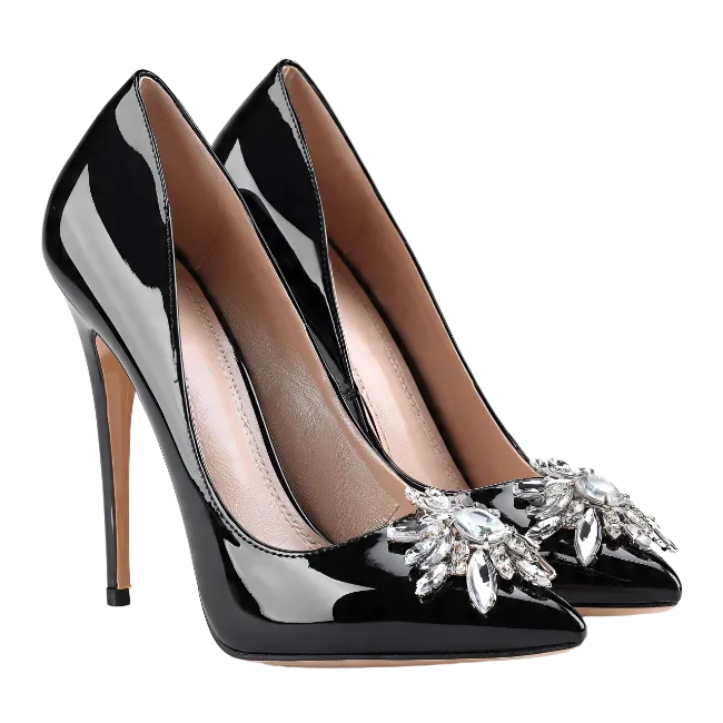 Black Patent Leather High Heels with Crystal Brooch