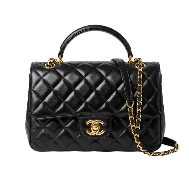 Black Quilted Leather Handbag with Gold Chain