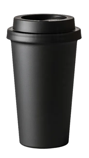 Black reusable coffee cup with lid