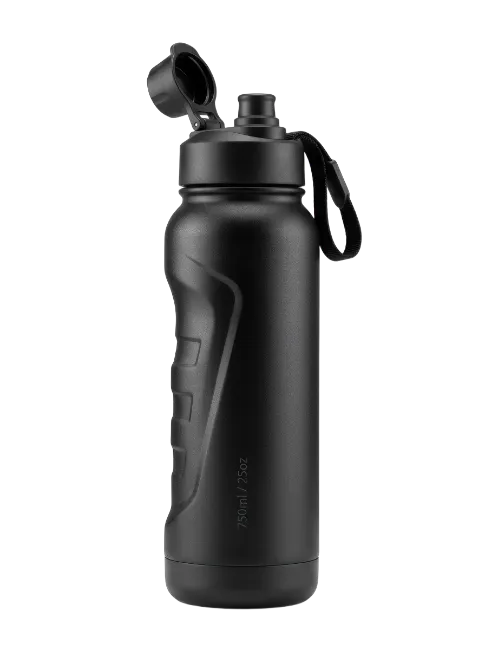 Black Reusable Sports Water Bottle with Cap Open