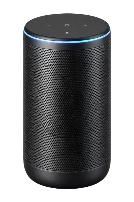 Black Smart Speaker with Glowing Blue Ring