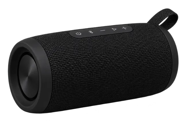 Black wireless portable Bluetooth speaker with fabric mesh