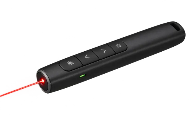 Black wireless presentation clicker with red laser