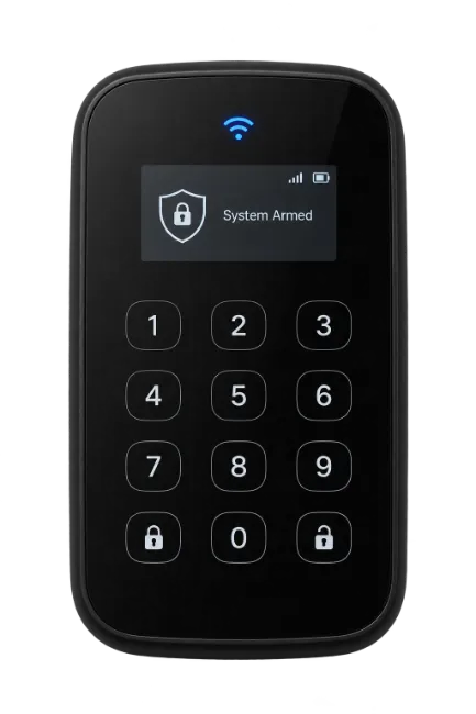 Black wireless security keypad with illuminated number buttons