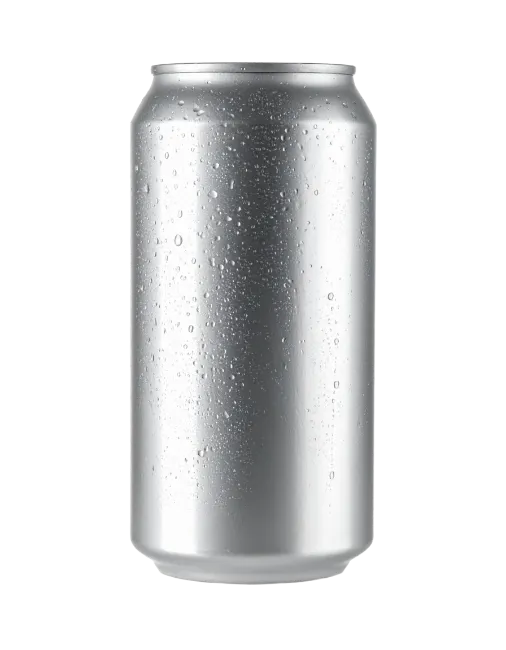 Blank silver aluminum beverage can covered in condensation droplets
