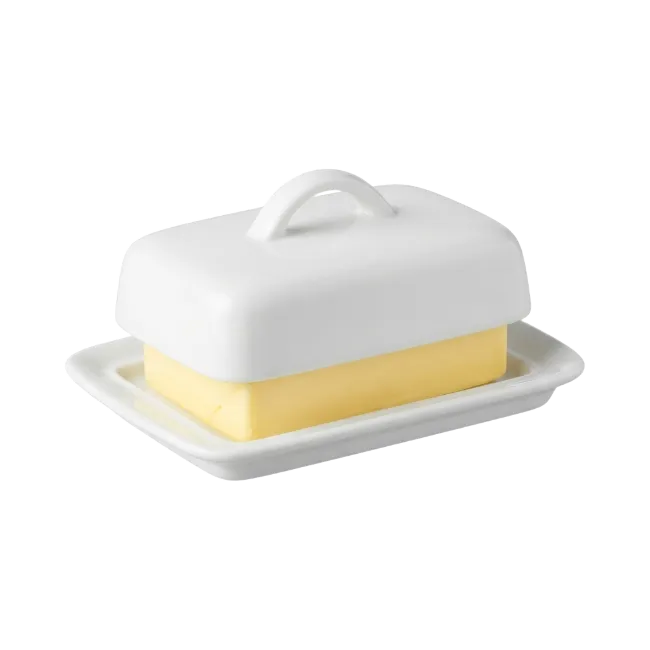 Block of Butter in White Ceramic Dish with Lid