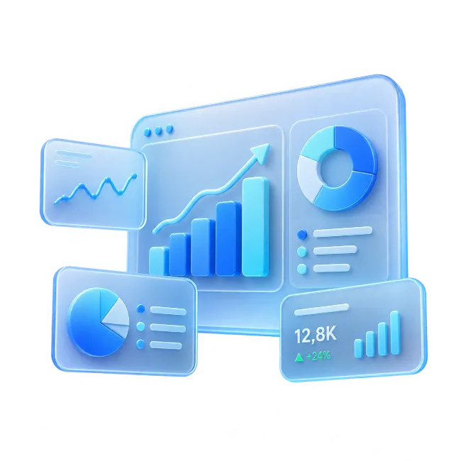 Blue 3D Business Analytics Dashboard with Financial Charts