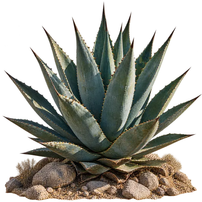 Blue Agave Succulent Plant with Rocks and Sand