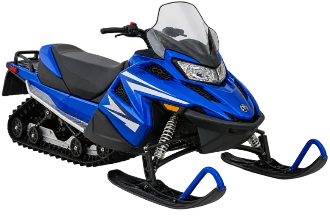 Blue and Black Snowmobile with Track and Skis