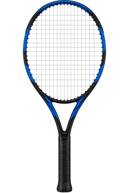 Blue and black tennis racket with white strings