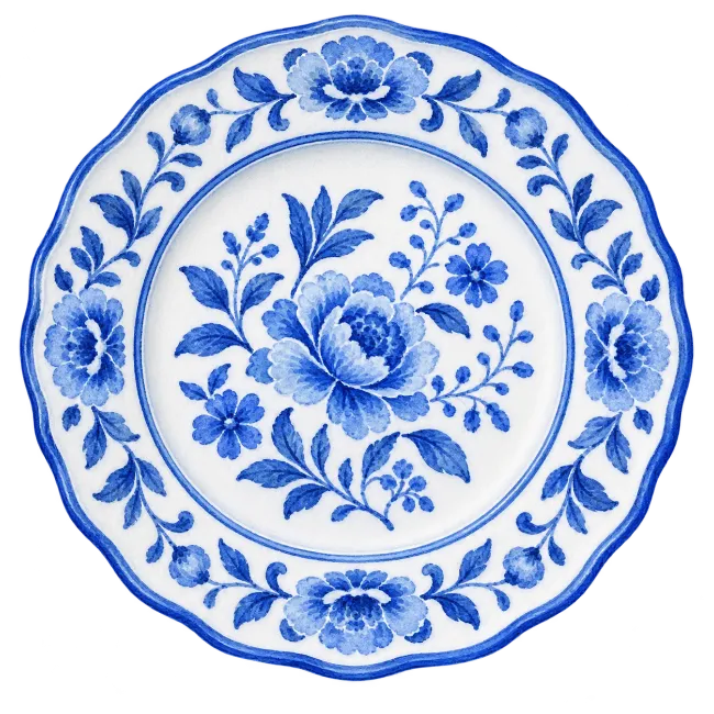 Blue and White Floral Ceramic Plate