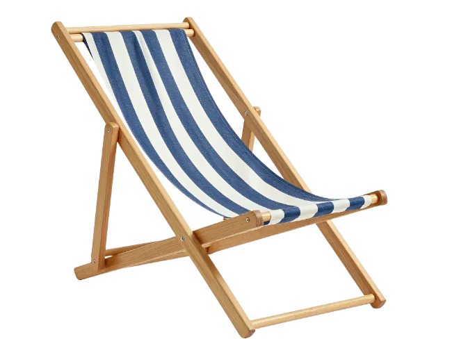 Blue and white striped wooden deck chair