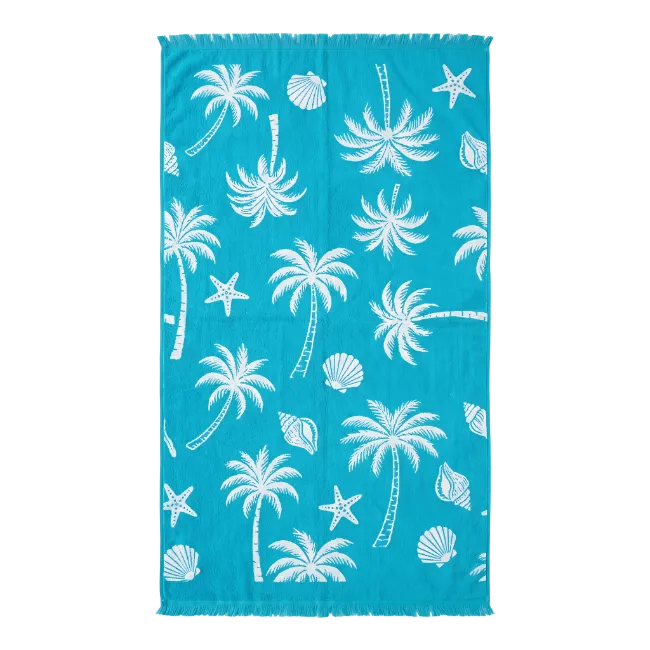 Blue Beach Towel with Palm Trees and Shells