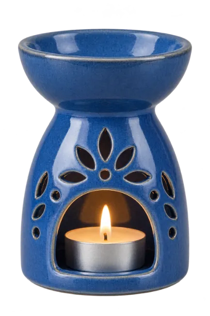 Blue Ceramic Oil Burner with Lit Candle