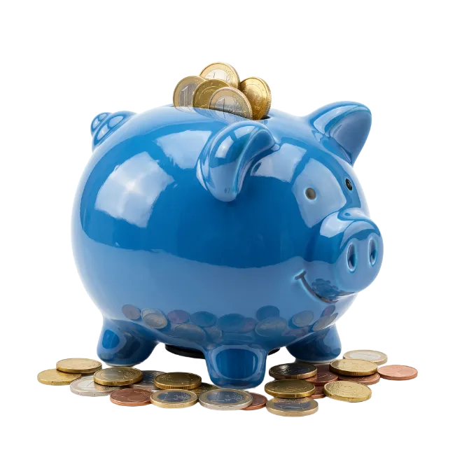 Blue Ceramic Piggy Bank with Gold Coins