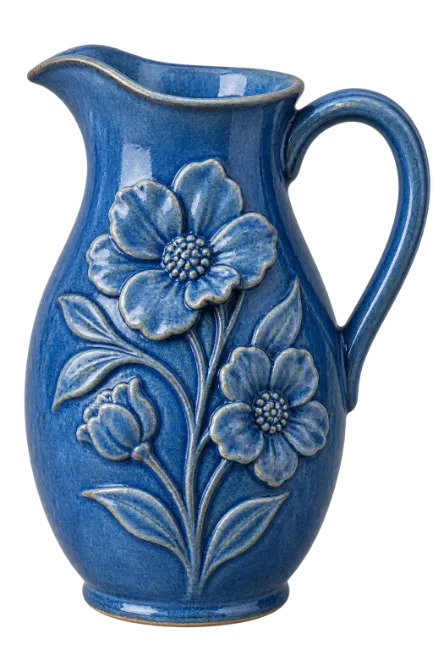 Blue Ceramic Pitcher with Floral Relief
