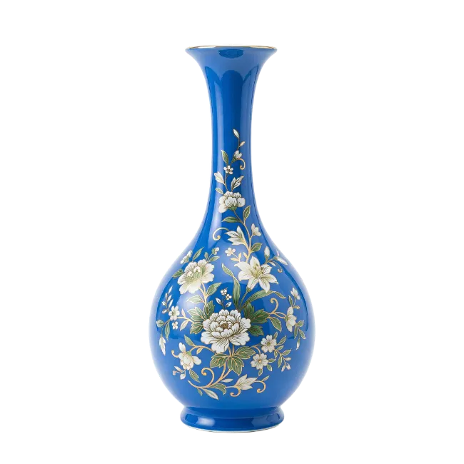 Blue Ceramic Vase with Floral Patterns
