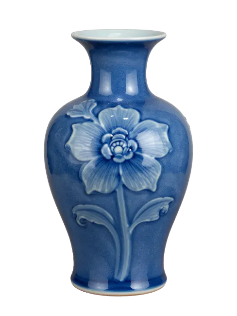 Blue Ceramic Vase with Flower Relief