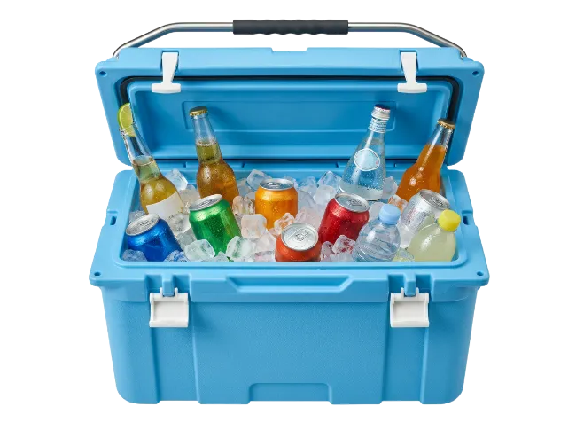 Blue Cooler Box Filled With Ice And Cold Drinks