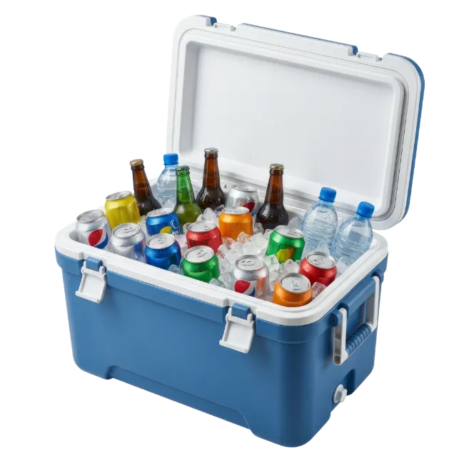Blue Cooler Filled With Drinks and Ice