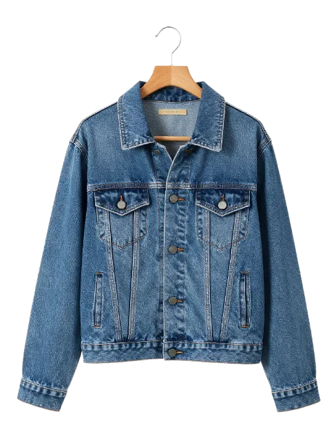 Blue Denim Jacket on Wooden Hanger