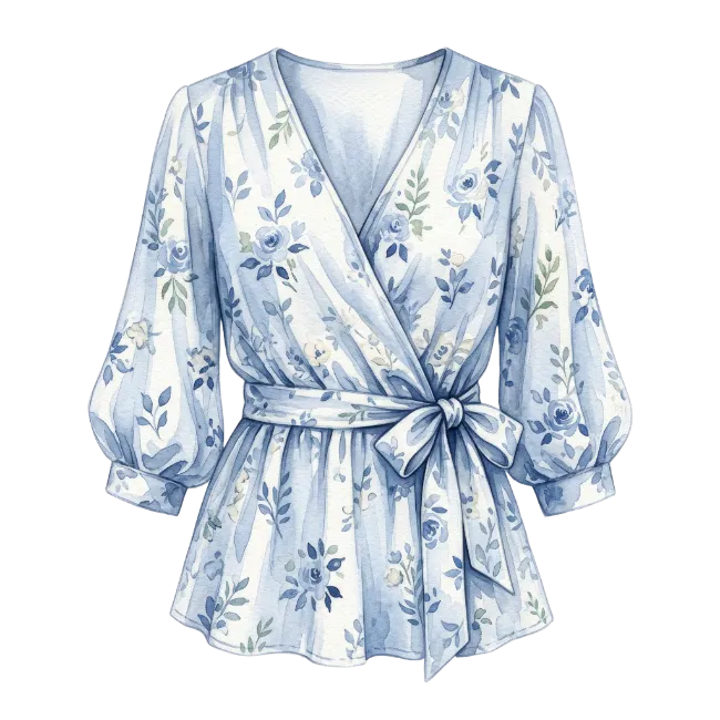 Blue floral watercolor wrap blouse