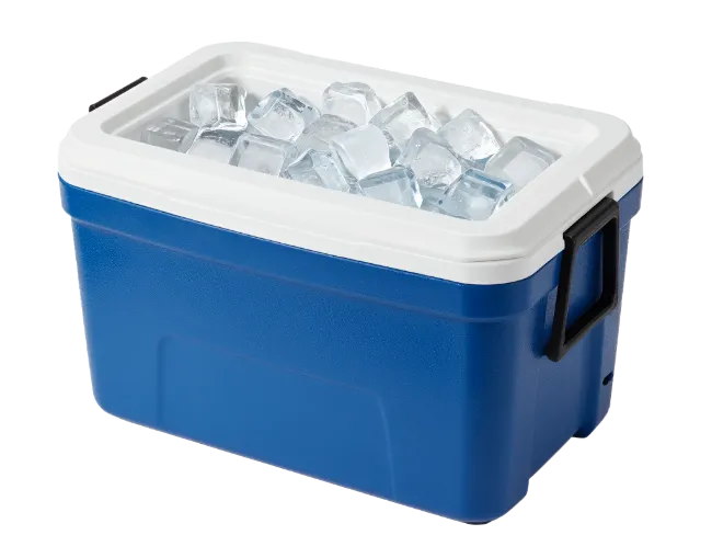 Blue Ice Cooler Filled With Ice Cubes