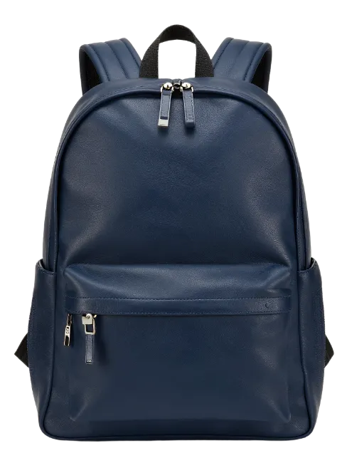 Blue leather backpack with front zipper pocket