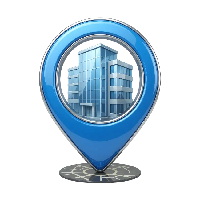 Blue Location Pin with Office Building Icon