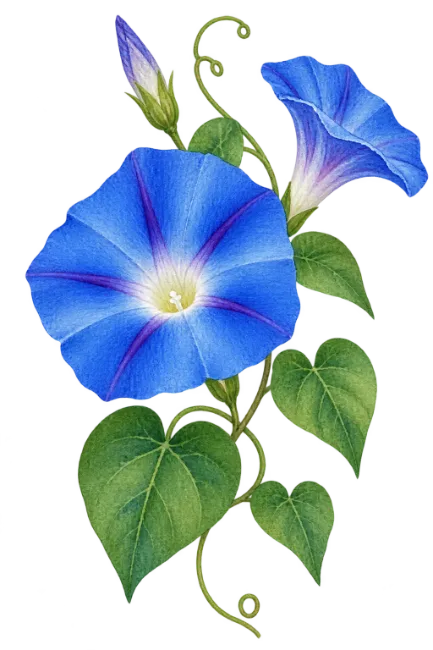 Blue Morning Glory Flowers with Green Leaves Illustration