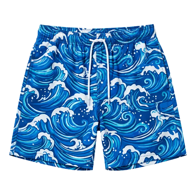 Blue Ocean Wave Print Swim Trunks