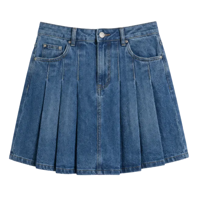 Blue Pleated Denim Skirt Isolated
