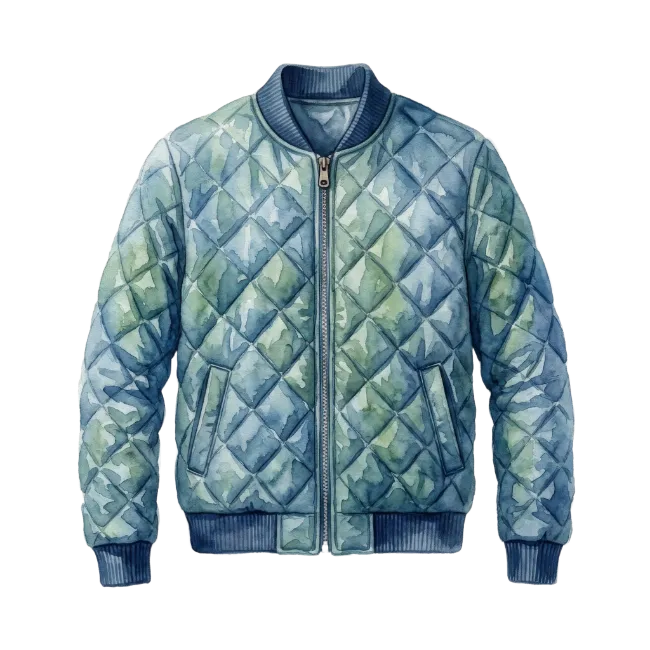 Blue Quilted Bomber Jacket Watercolor Illustration