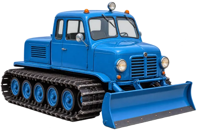 Blue tracked utility vehicle with front plow