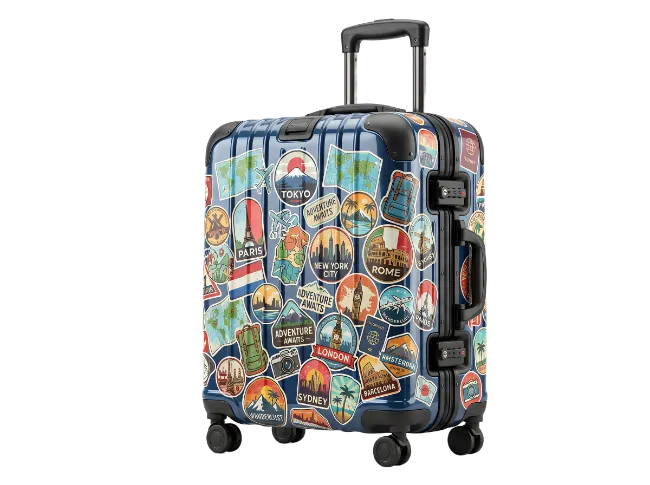 Blue Travel Suitcase with International City Stickers