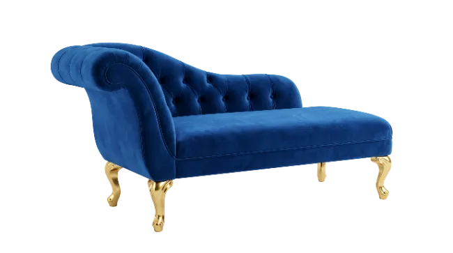 Blue Velvet Chaise Lounge with Gold Legs