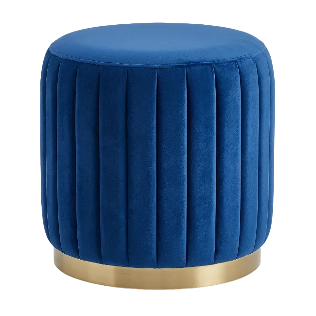 Blue Velvet Round Ottoman with Gold Base