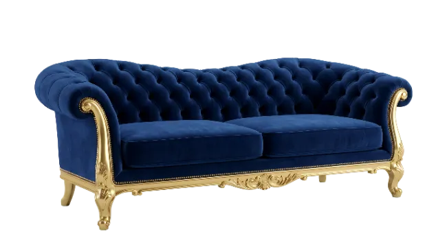 Blue Velvet Sofa with Gold Trim