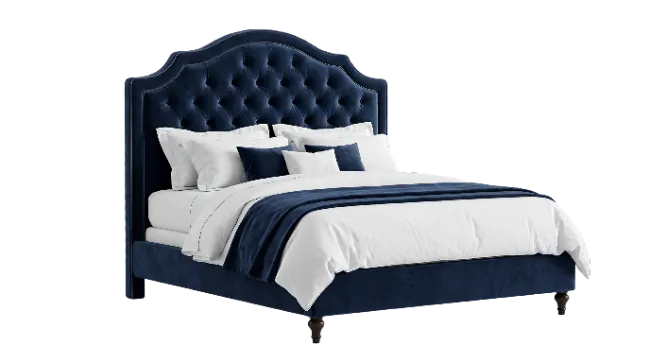 Blue Velvet Tufted Bed with White Linens