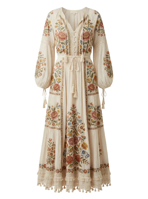 Boho Floral Embroidered Long Sleeve Dress