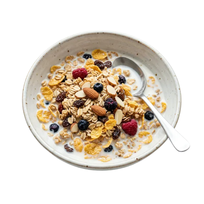 Bowl of Cereal with Milk and Berries