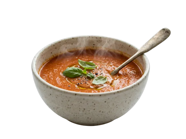 Bowl of hot tomato soup with basil