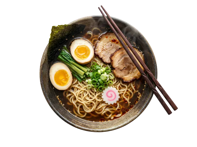 Bowl of Japanese Ramen Noodles with Chashu and Soft Boiled Egg