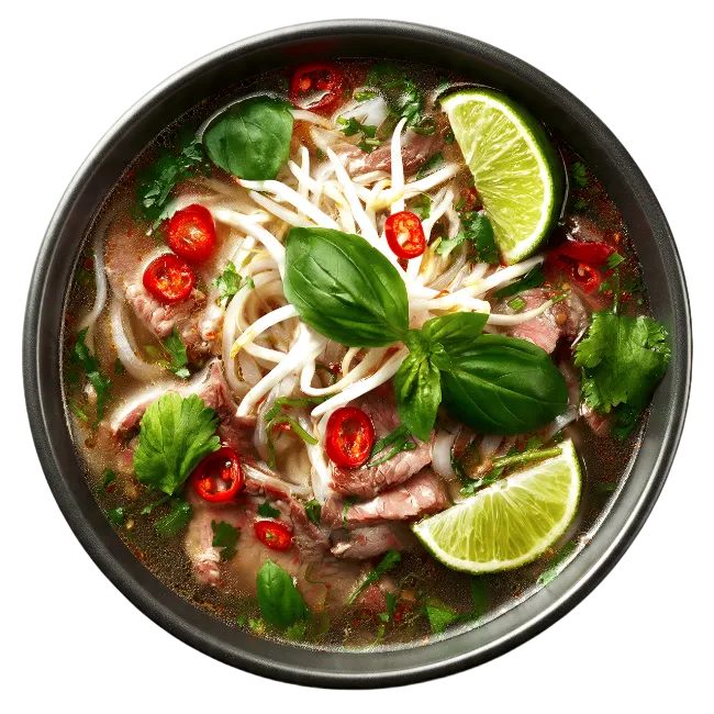 Bowl of Pho Noodle Soup with Beef and Lime