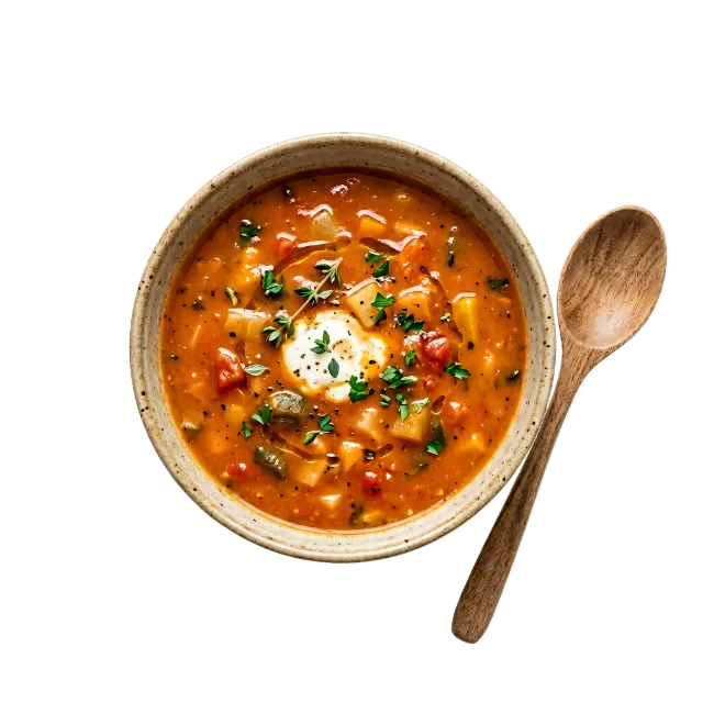 Bowl of vegetable soup with spoon