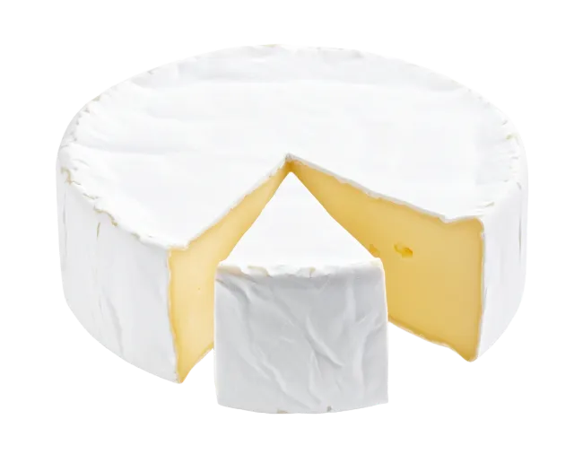 Brie cheese wheel with a sliced wedge