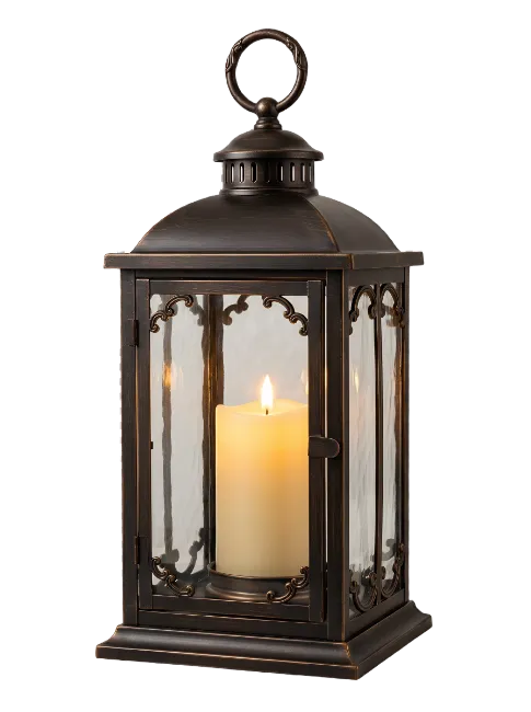 Bronze Candle Lantern with Lit Pillar Candle