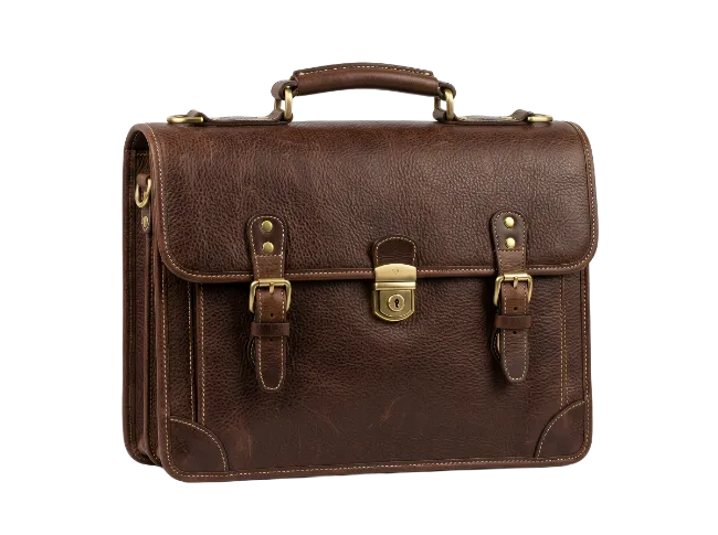 Brown leather briefcase with brass buckles