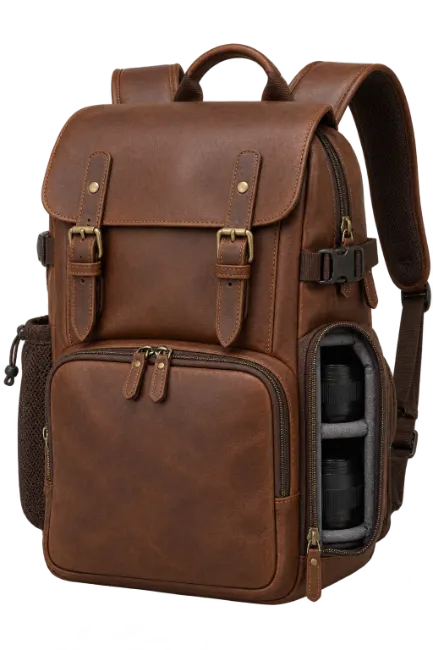 Brown Leather Camera Backpack